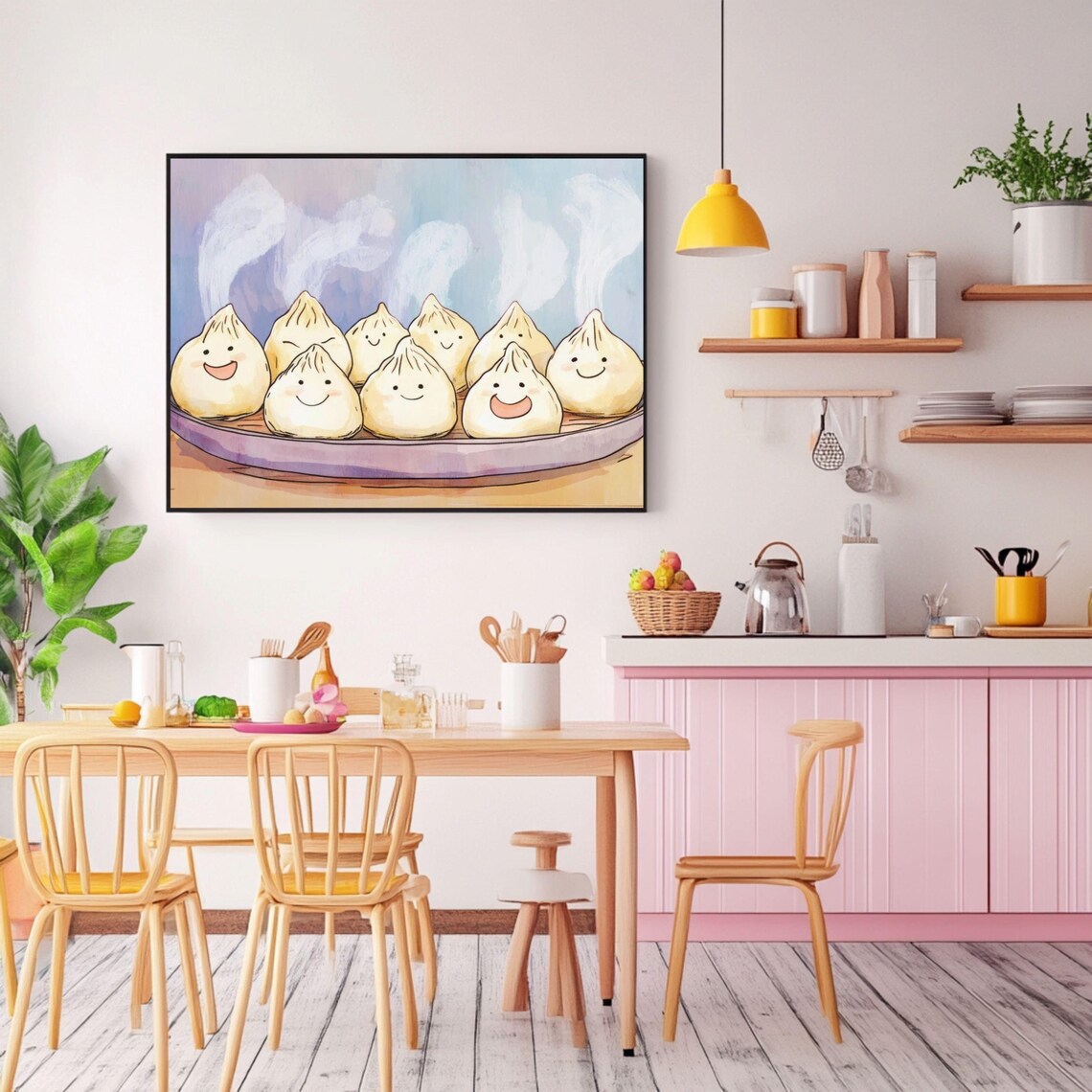 Happy Smiling Steamed Dumplings Cute Watercolor Kitchen Wall Poster