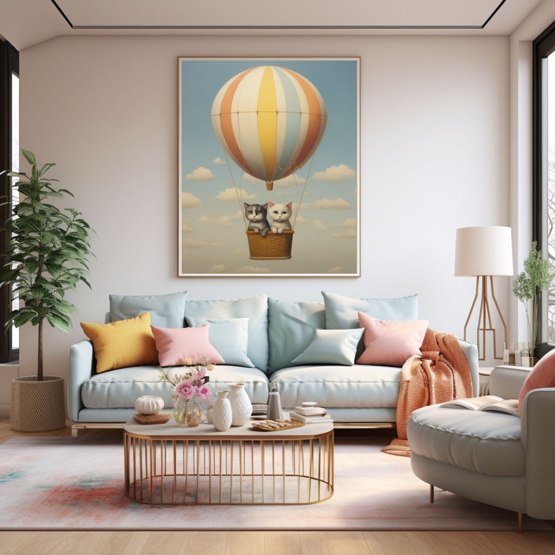 Two Kittens In Hot Air Balloon Poster Sweet Sky Nursery Decor Art
