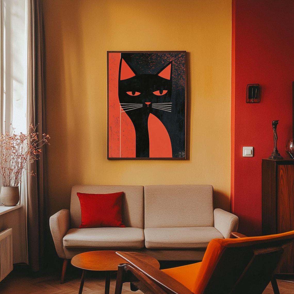 Black Cat Retro Poster, Black Cat Wall Art Print