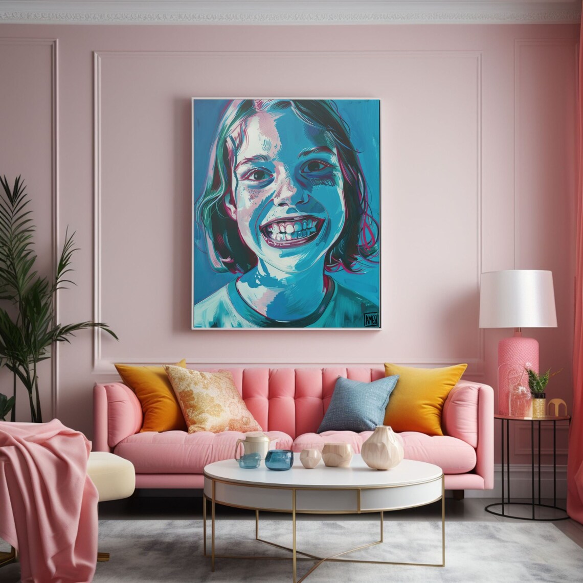 Smiling Girl Electric Blue and Pink Pop Portrait Artwork Poster