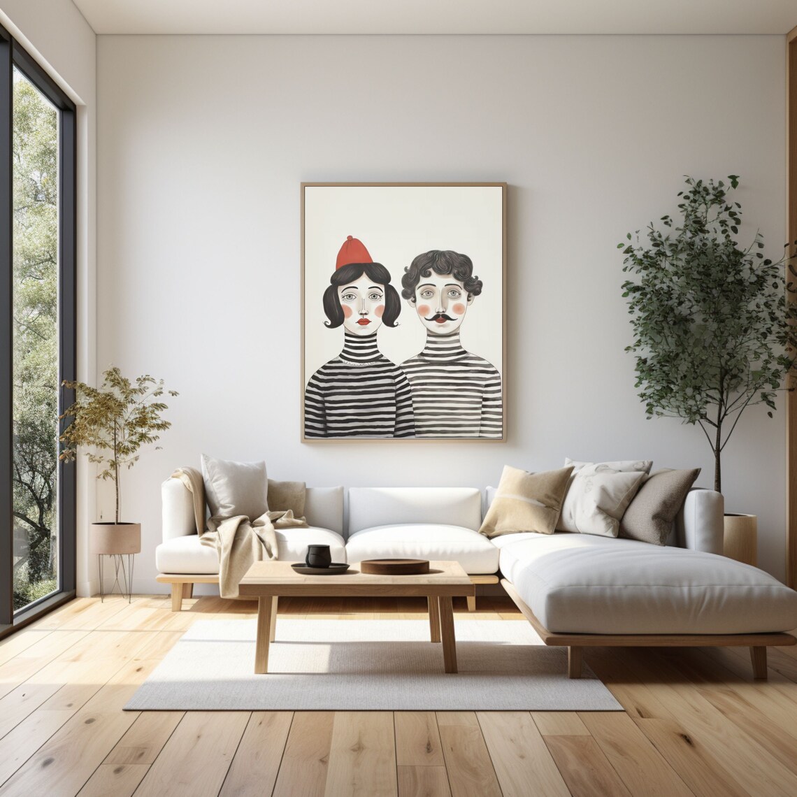 Man and Woman in Striped Clothes, Watercolor Art Print