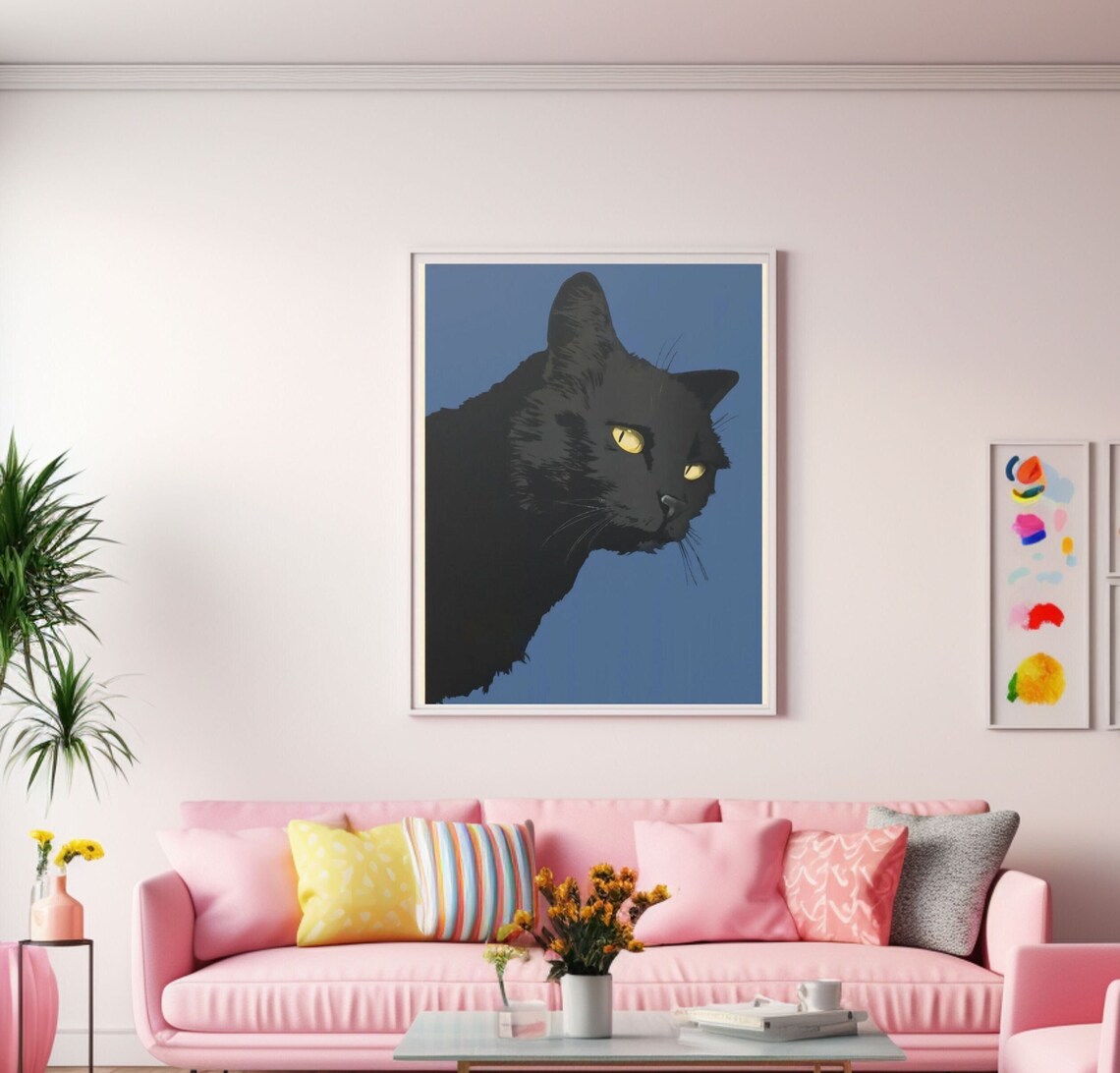 Bold Black Cat Portrait on Blue Modern Minimalist Style Art Poster