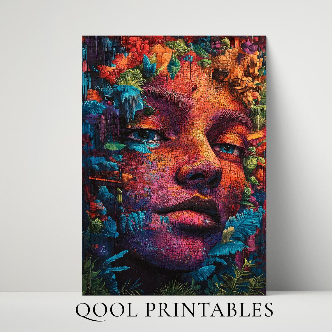 Trippy Mosaic Face Tropical Foliage Psychedelic Color Art Poster