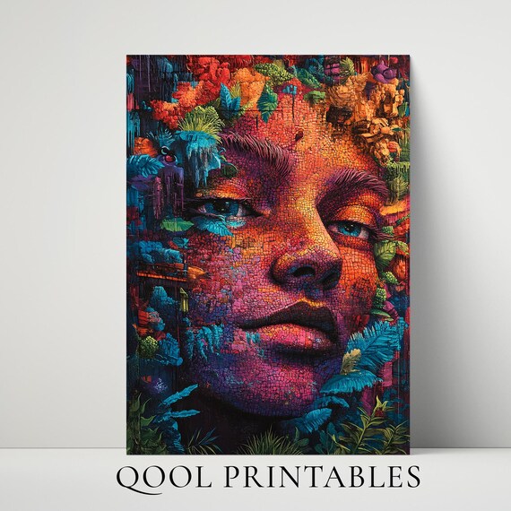 Trippy Mosaic Face Tropical Foliage Psychedelic Color Art Poster