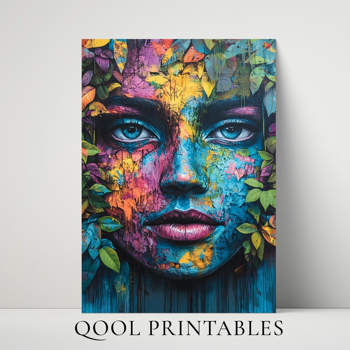 Colorful Graffiti Face Blue Eyes Floral Street Portrait Poster