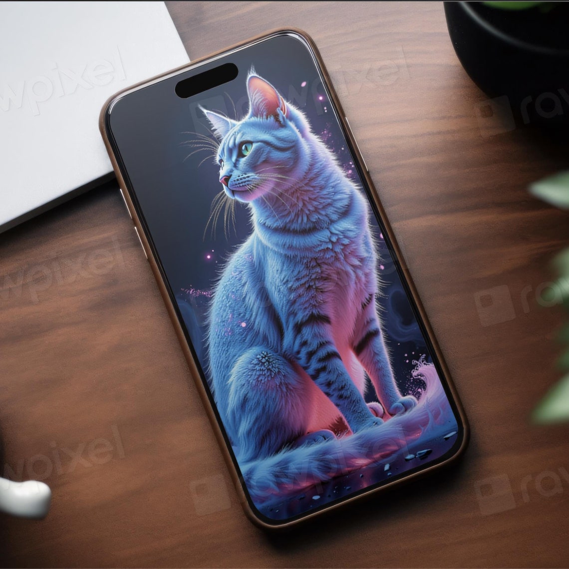 White Cat Sitting on Shimmering Water Under Neon Glow Poster - Image 6