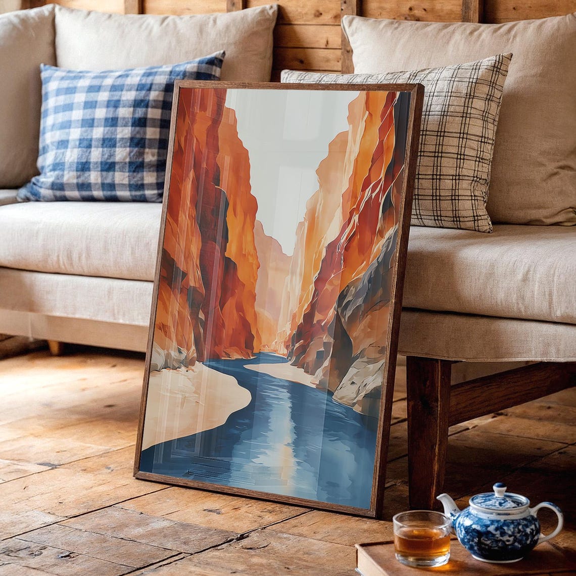 Sunlit Canyon River Towering Red Rock Cliffs Desert Landscape Poster