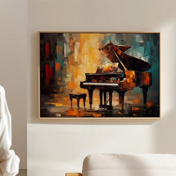 Grand Piano Abstract Oil Painting Gold Teal Music Room Poster