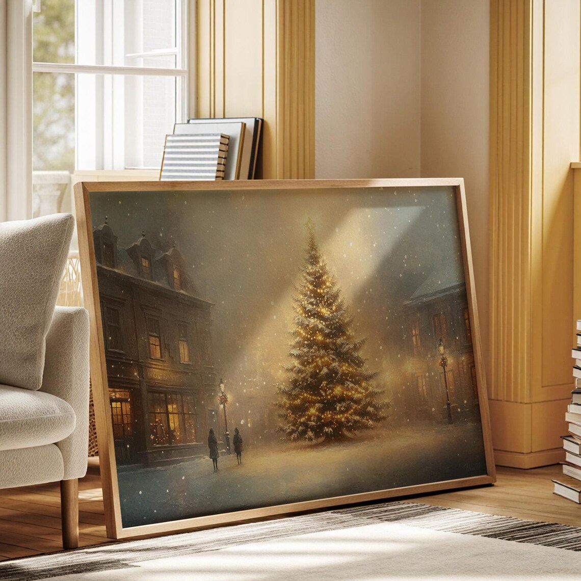 Snowy Old Town Square Christmas Tree Glowing At Dusk Holiday Poster