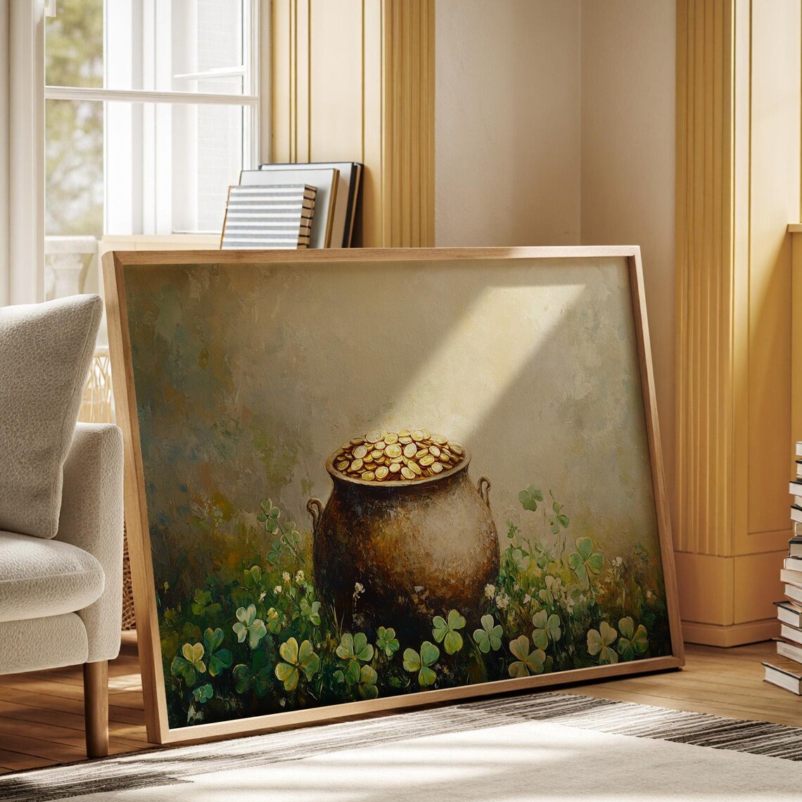 Golden Pot of Coins in Clover Field Impressionist Painting Wall Art