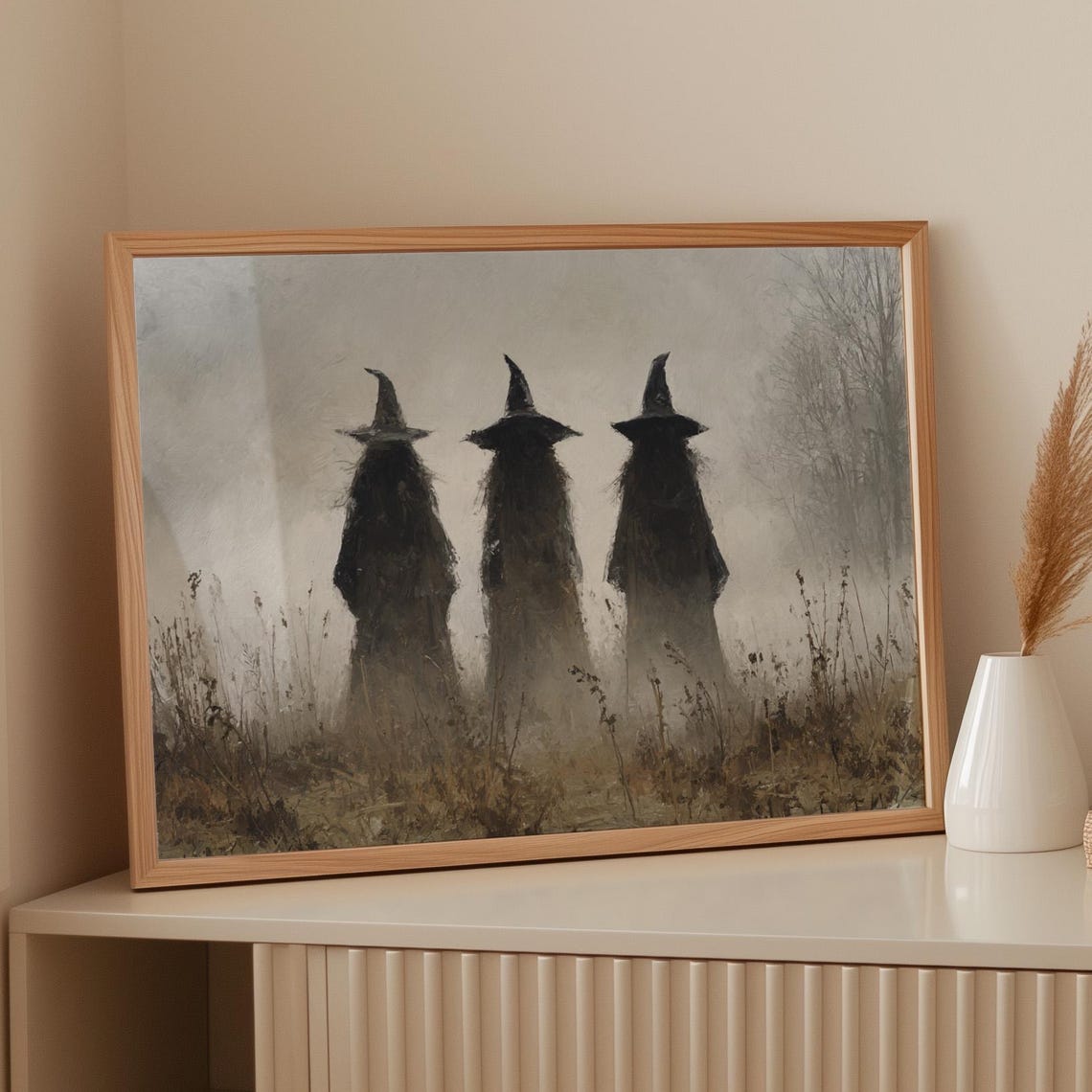 Three Witches In Fog Dark Moody Gothic Halloween Witch Painting Poster