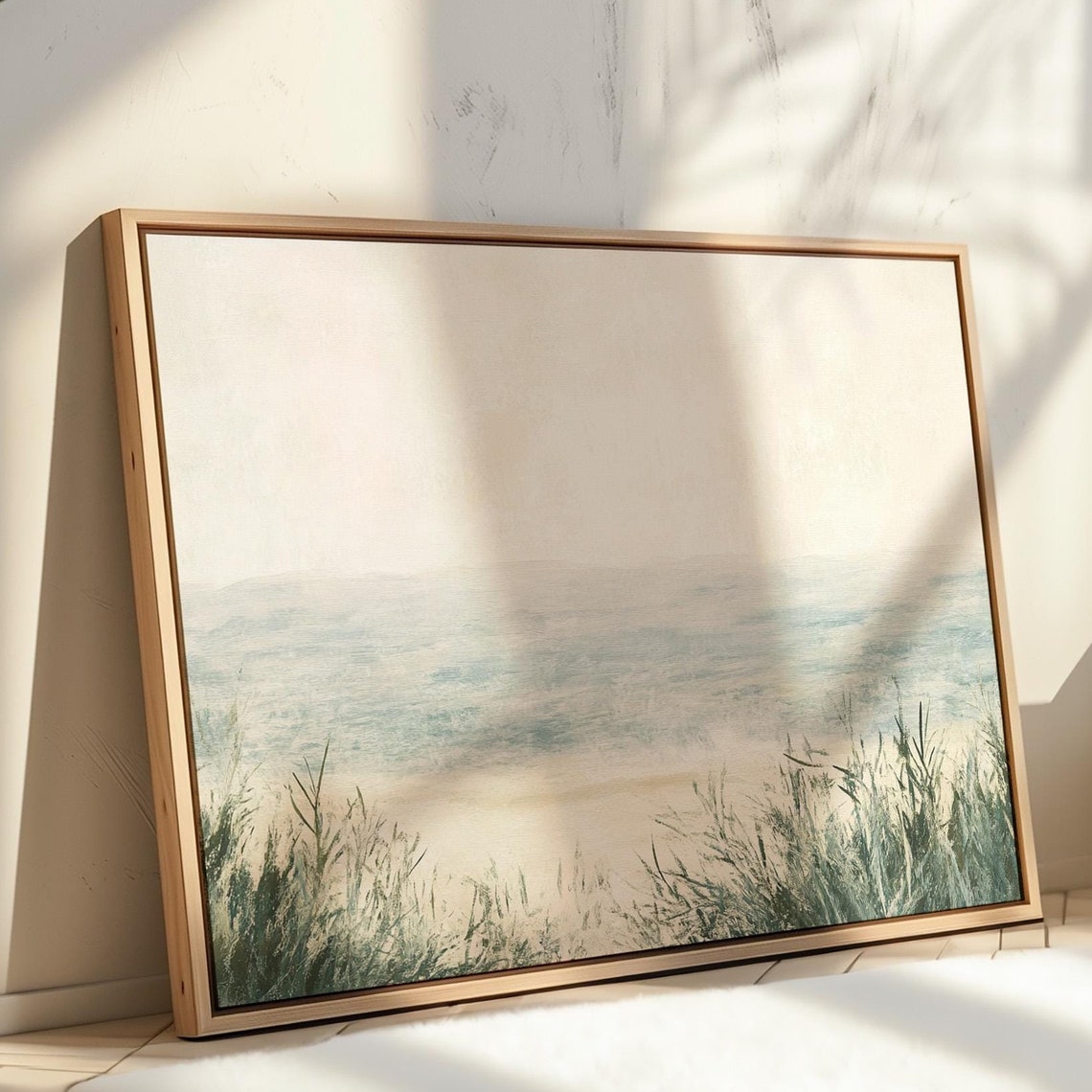 Serene Misty Beach With Tall Dune Grass Soft Blue Coastal Wall Art