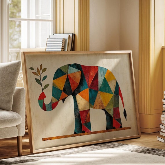 Geometric Colorful Elephant Art Print, Modern Decor