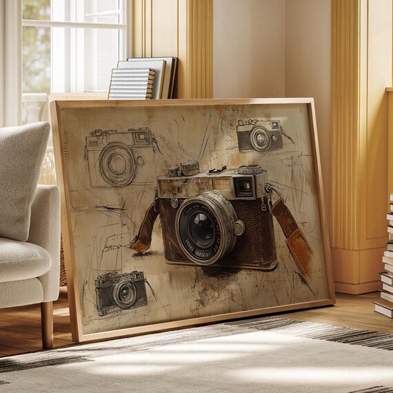 Vintage Camera Sketch Art Print, Retro Decor