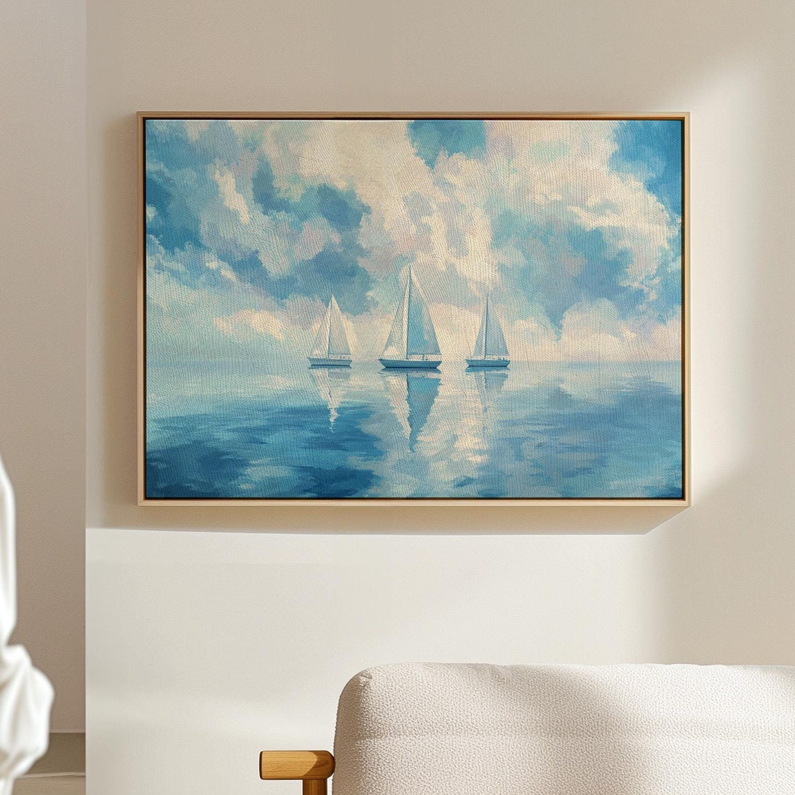 Three Sailboats On Glassy Water Under Cloudy Blue Sky Wall Poster