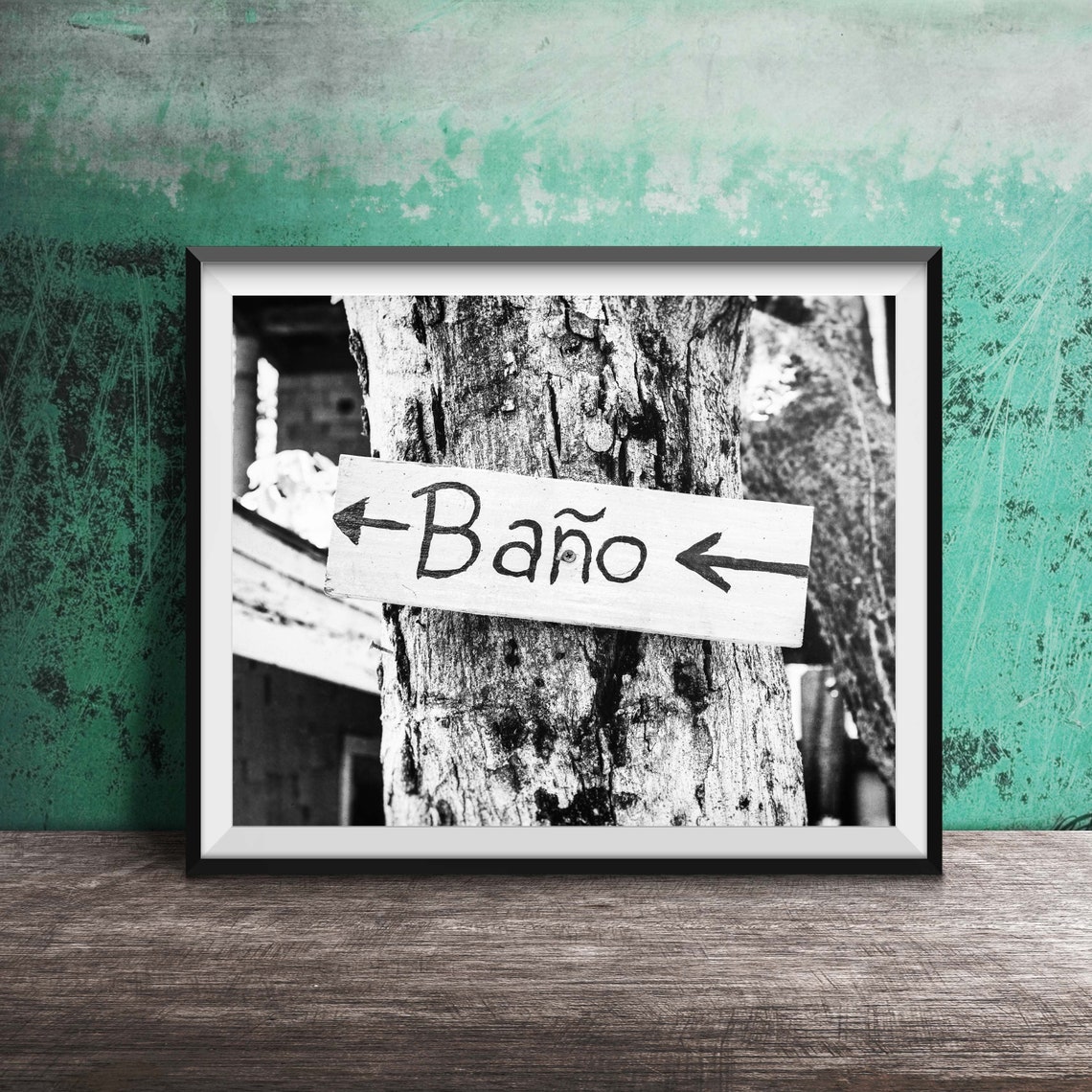 Spanish Baño Bathroom Sign on Weathered Tree Trunk Photography Poster - Image 2