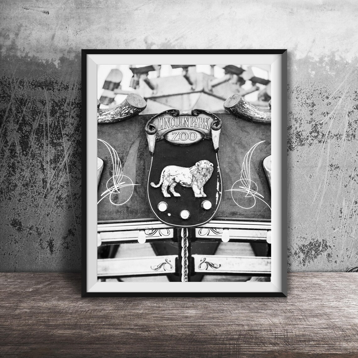 Lincoln Park Zoo Vintage Lion Emblem Carousel Black White Print