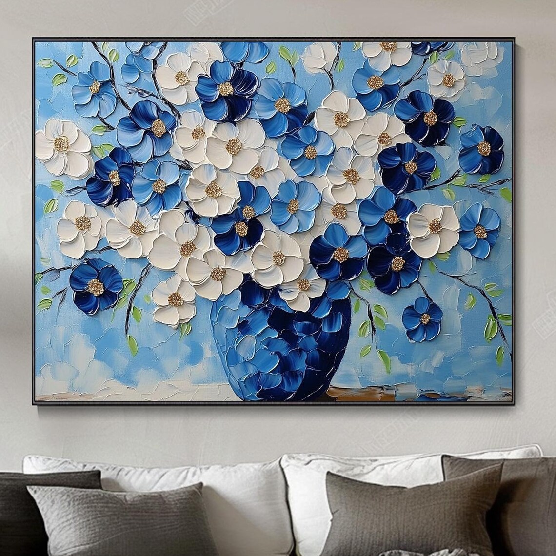 Cobalt Blue and White Blossom Vase Textured Floral Painting Poster