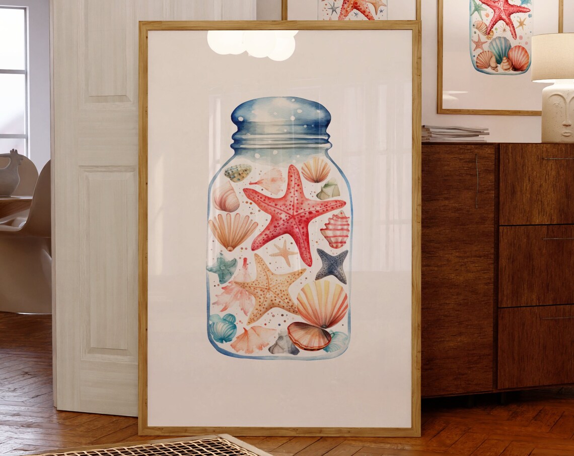 Watercolor Starfish And Seashells In Tall Mason Jar Coastal Poster