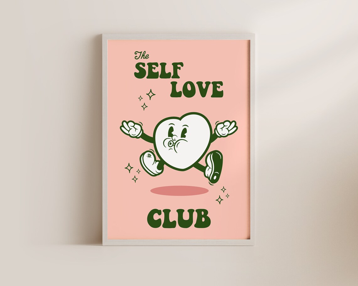The Self Love Club Retro Cartoon Heart Peach Pink Affirmation Poster - Image 3