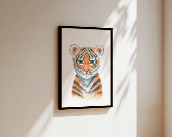 Adorable Tiger Cub Watercolour Safari Jungle Poster for a Nursery Room