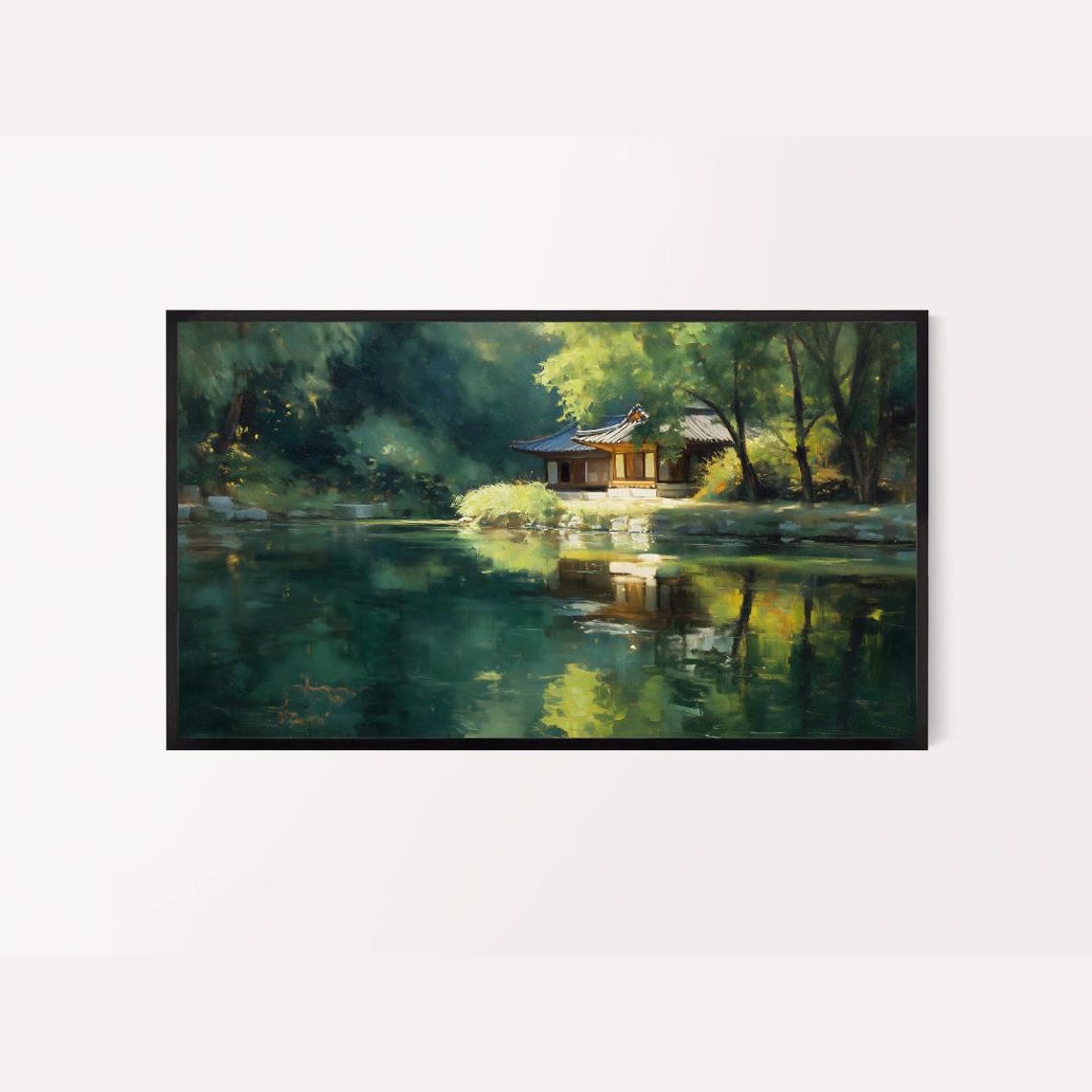 Korean Hanok Pavilion Serene Lake Summer Landscape Painting Wall Art