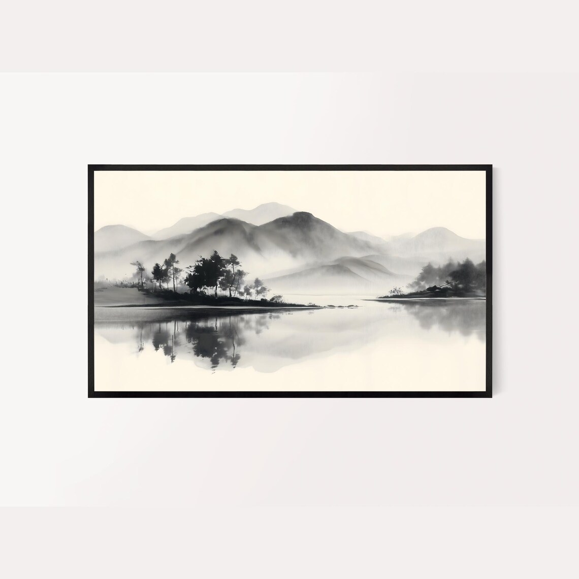 Korean Ink Wash Mountains Lake Misty Reflection Painting Wall Art