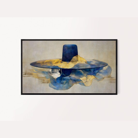 Korean Frame Tv Art Hanbok Gat Semi Abstract Painting Golden Yellow And Indigo Blue Colors