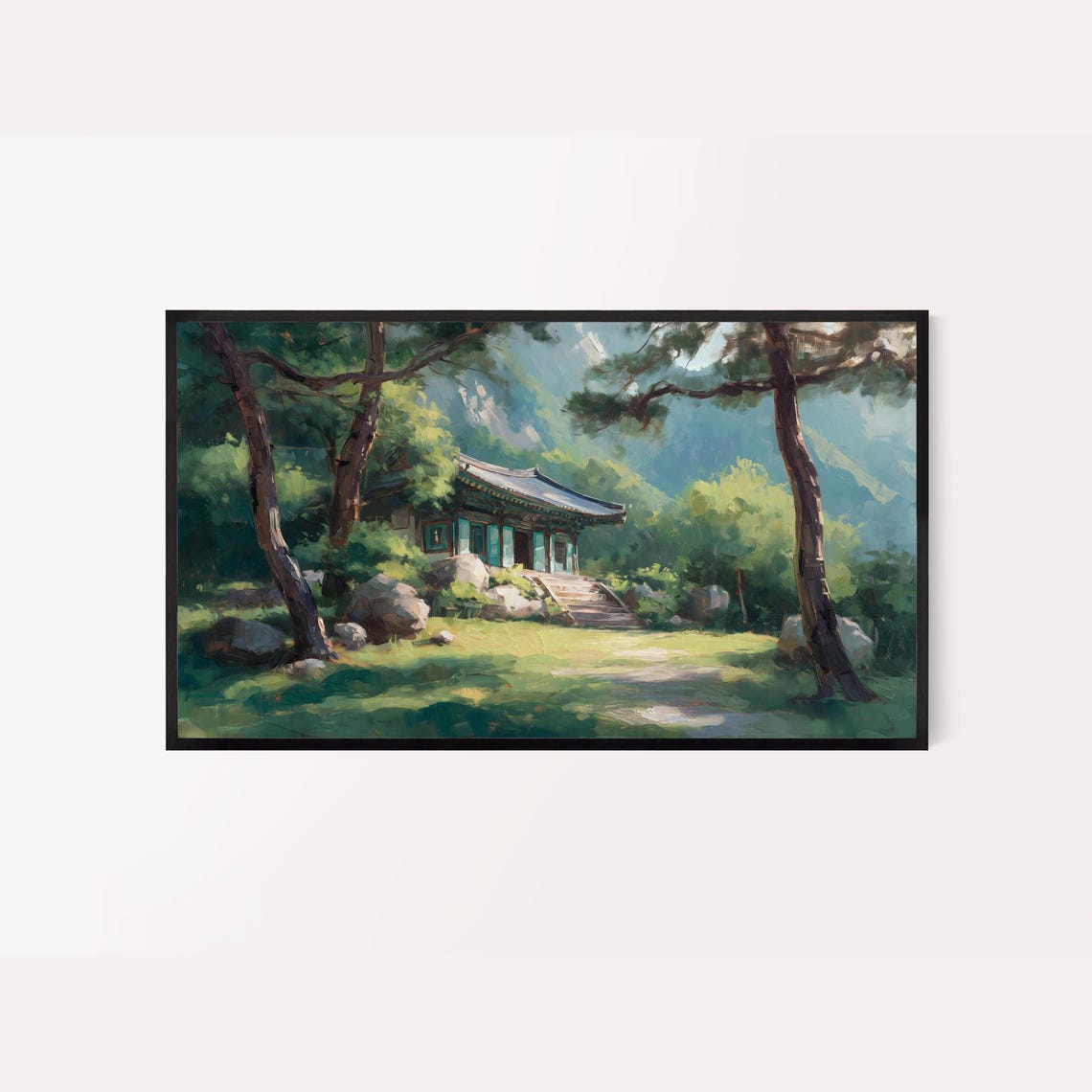 Korean Temple Summer Landscape Painting Pine Trees Mountain Print