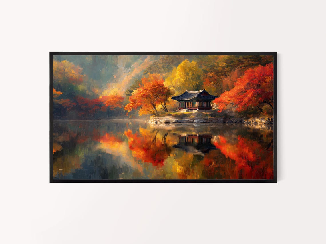 Autumn Korean Hanok Pavilion by Still Lake Reflections Painting Poster