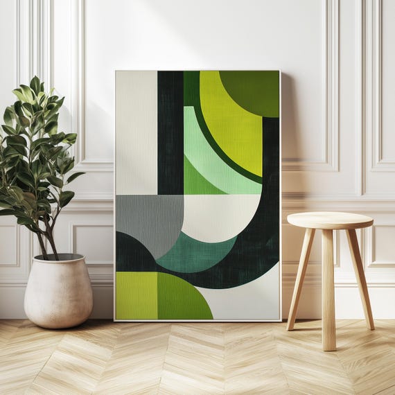 Green Gray Geometric Art Minimalist Abstract Painting Mid Century Modern Japanese Inspired Wall Decor White Background Simple Lines