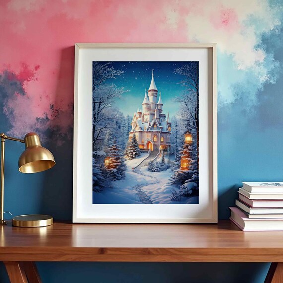 Snowy Castle Glowing Windows Lantern Path Winter Night Wall Art