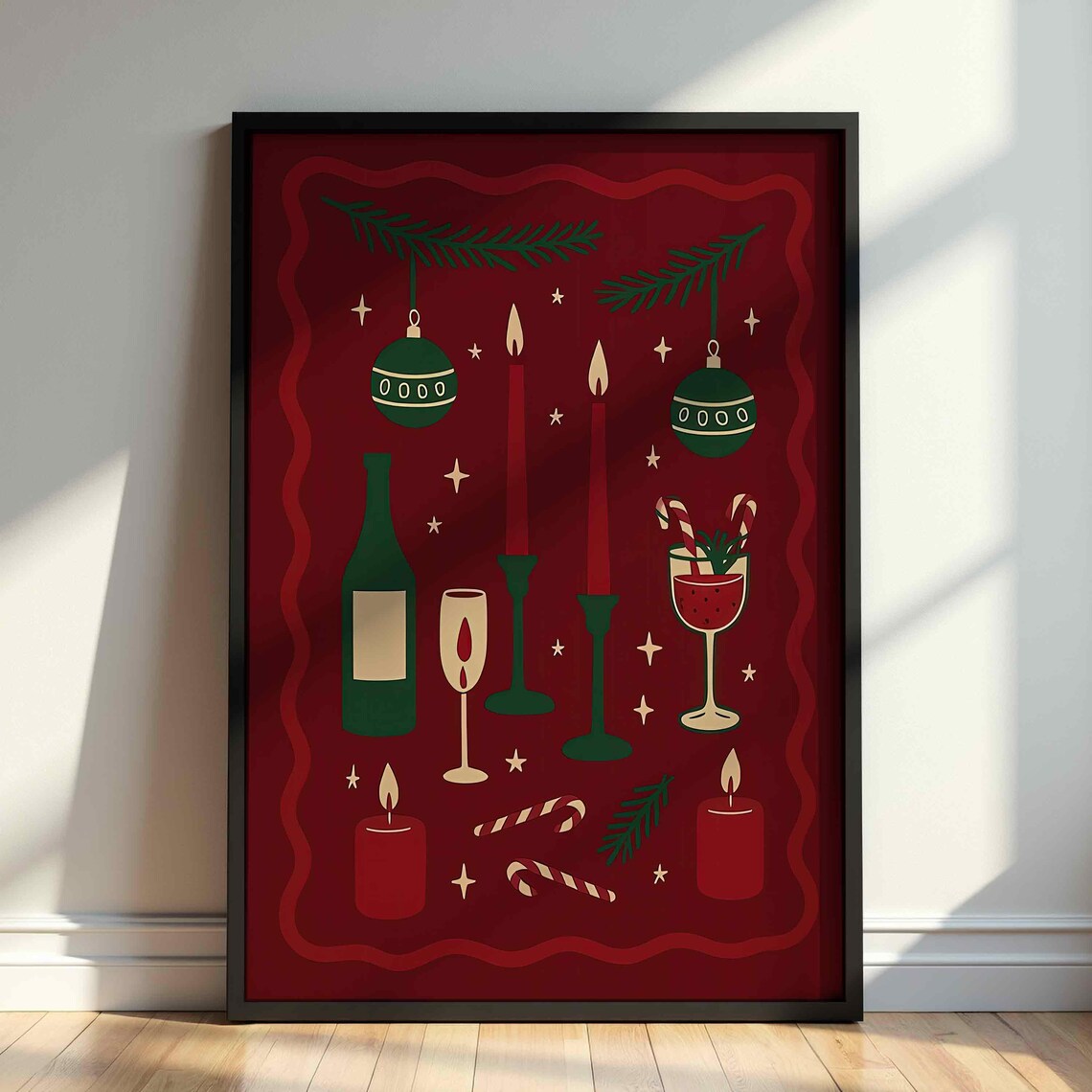 Burgundy Christmas Wine Ornaments Candles Festive Holiday Art Poster