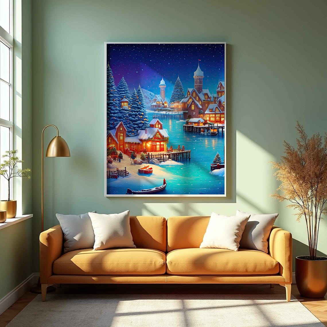 Christmas Winter Waterfront Village Night Snow Scene Wall Art