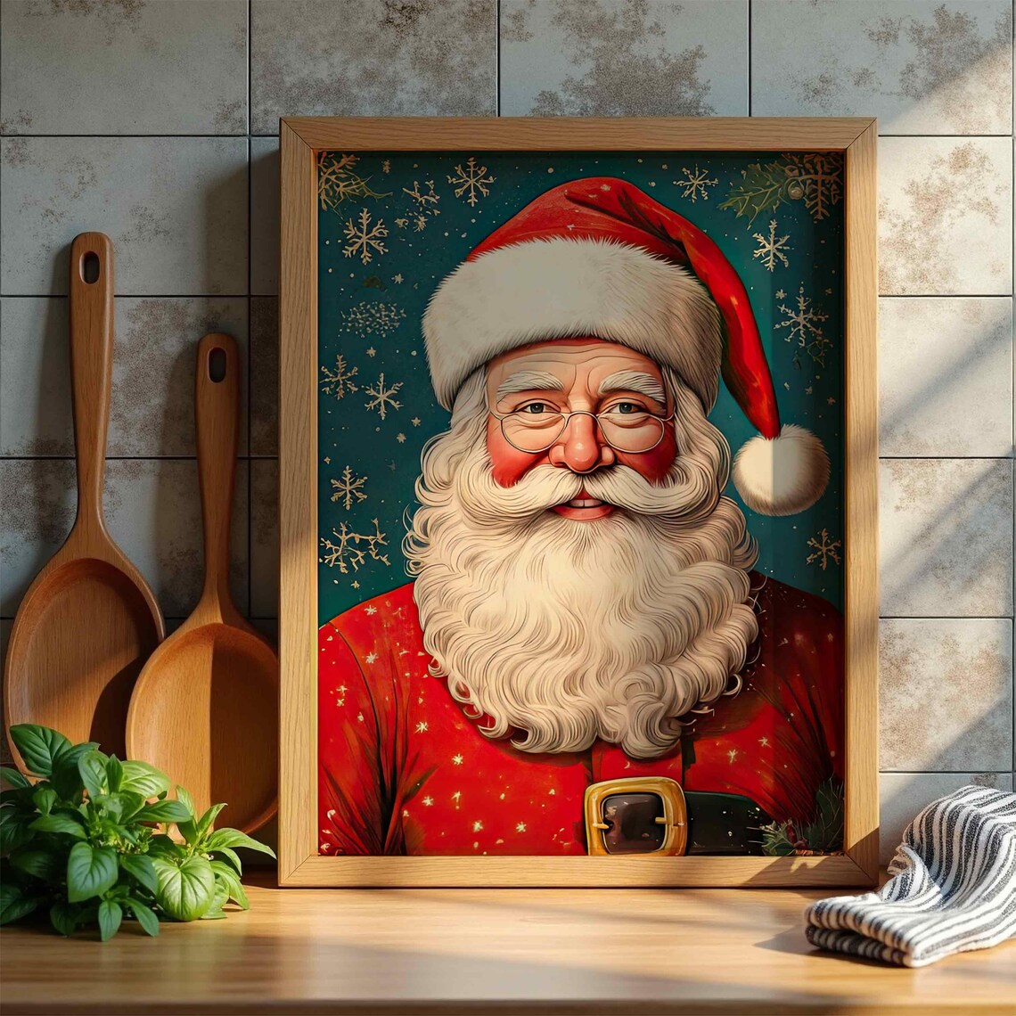 Vintage Santa Claus With Glasses Teal Snowflake Christmas Wall Poster