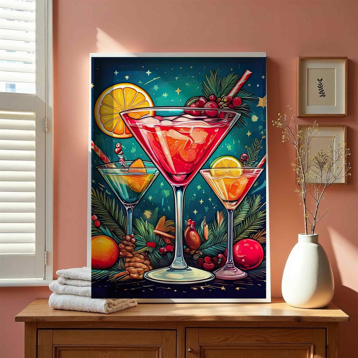 Christmas Cocktail Trio Festive Martini Orange Cranberry Wall Art