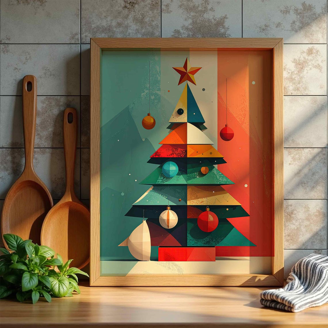 Geometric Christmas Tree Ornaments Baubles Mid Century Art Poster