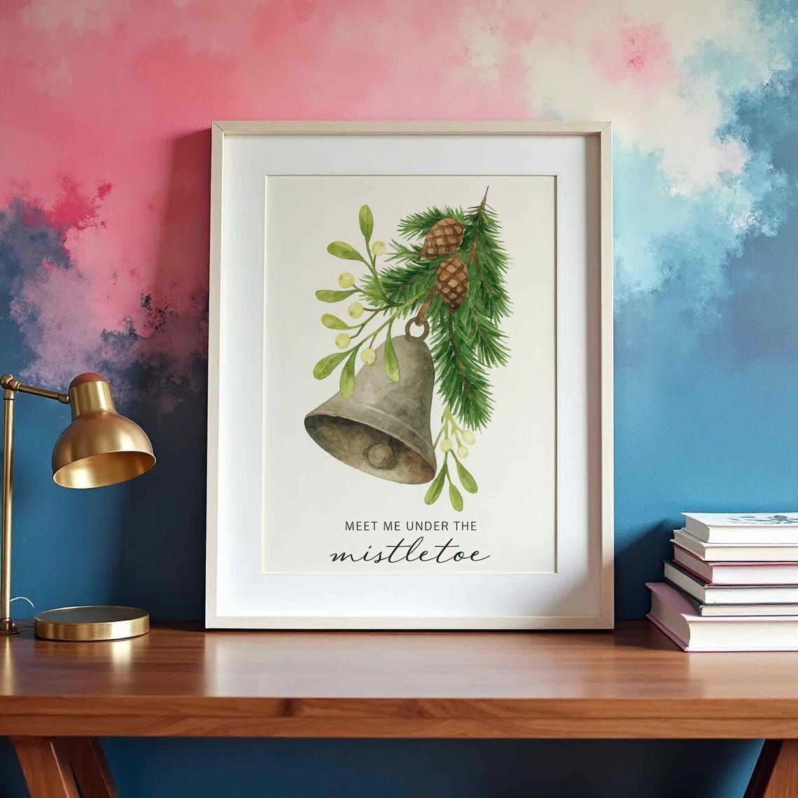 Meet Me Under the Mistletoe Bell Watercolor Christmas Poster