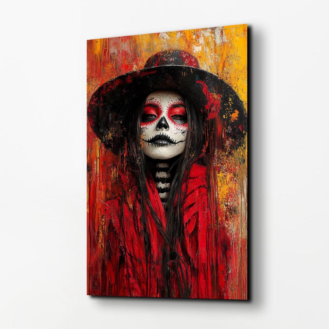 Day Of The Dead Woman Sugar Skull Makeup Red Hat Painting Poster