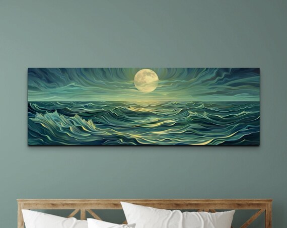 Glowing Full Moon Over Teal Waves Stylized Night Ocean Poster