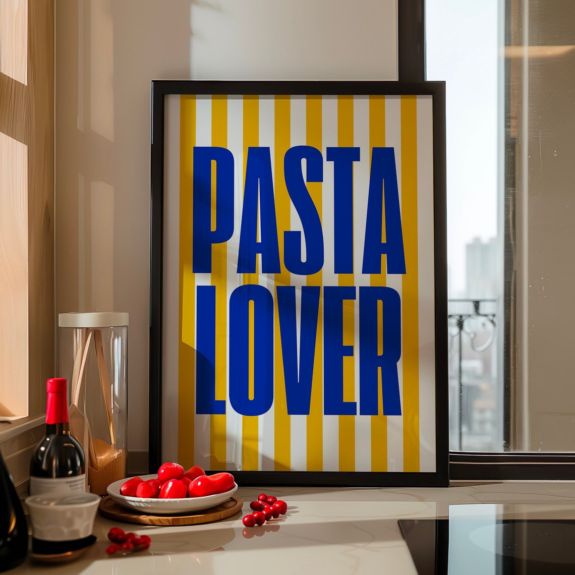 Pasta Lover Bold Blue Retro Typography Striped Kitchen Poster