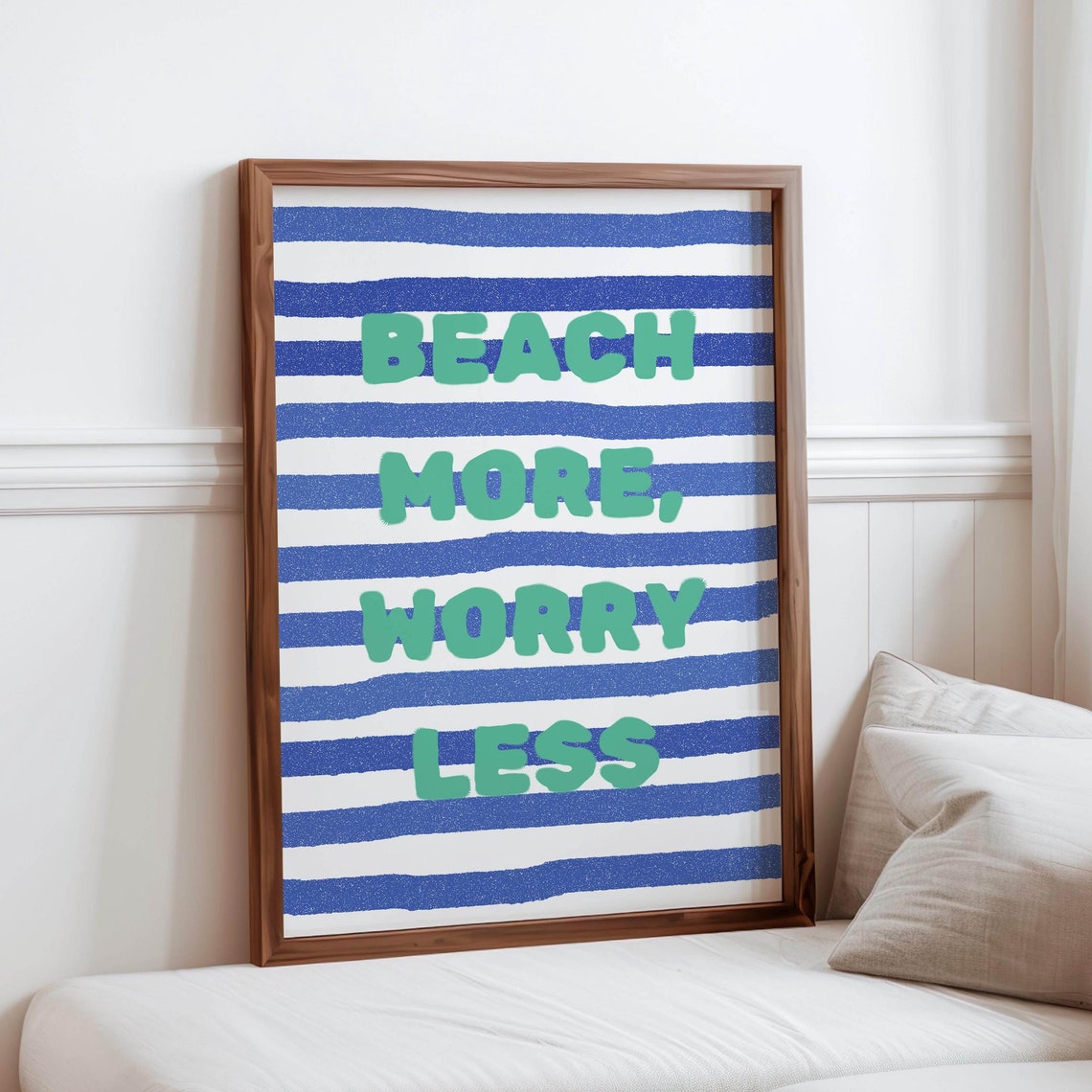 Beach More Worry Less Coastal Wall Art Bold Blue And Green Stripe Nautical Decor Summer Vibe Poster Tropical Quote Decor