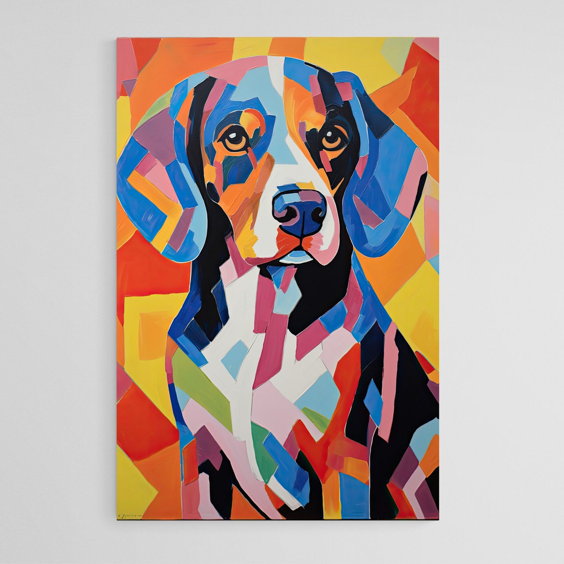 Brittany Dog Geometric Abstract Portrait Orange Blue Facets Poster