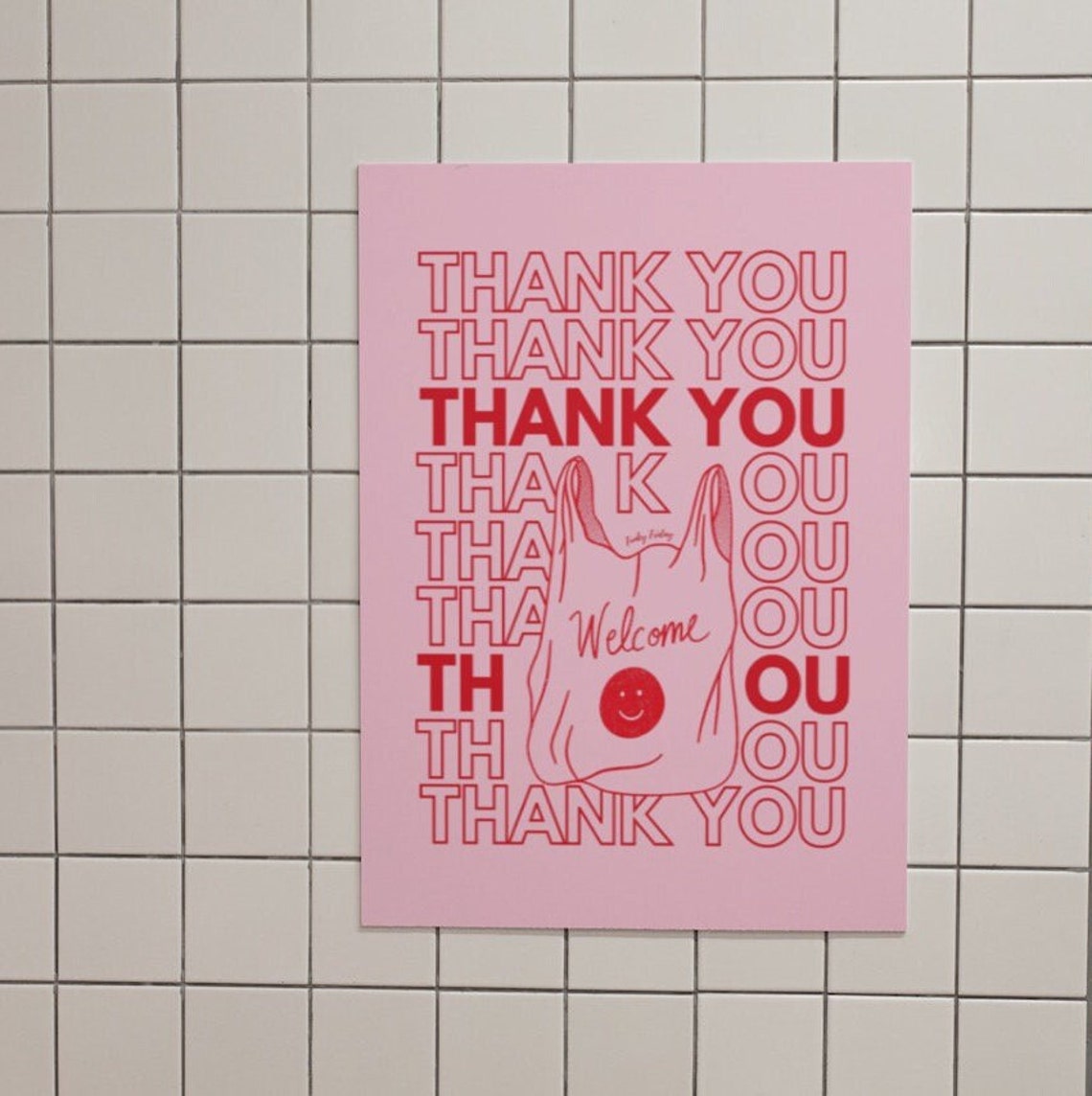 Pink Red Thank You Retro Plastic Bag Welcome Smiley Wall Print - Image 3