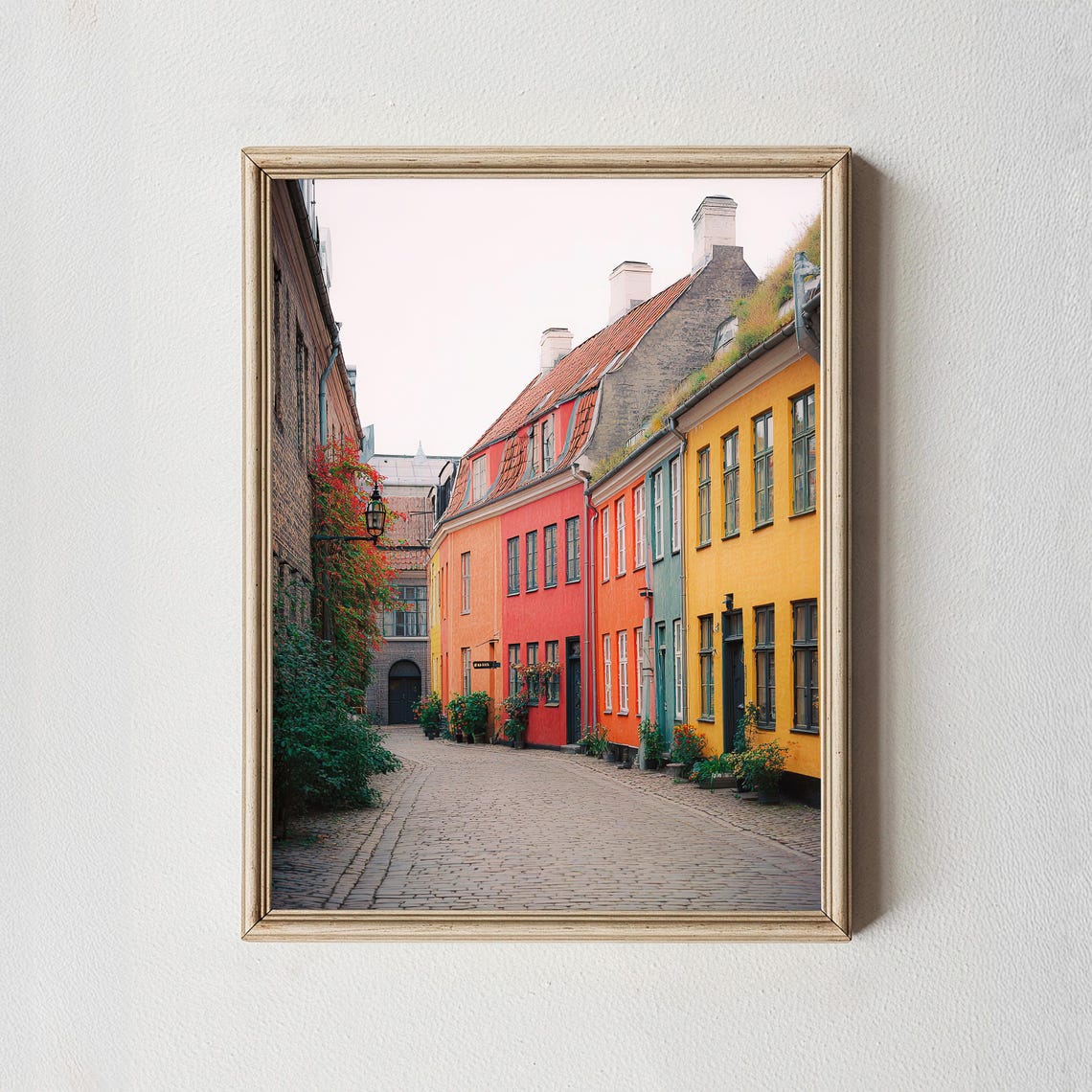 Colorful Cobblestone Lane Old Town Houses Photo Poster Decor