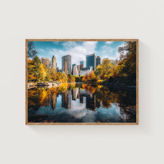 Central Park Autumn Print Manhattan Skyline Reflection