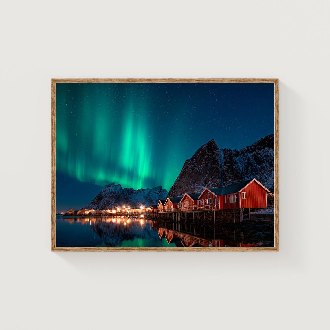 Aurora Borealis Northern Lights Red Cabins Arctic Night Poster