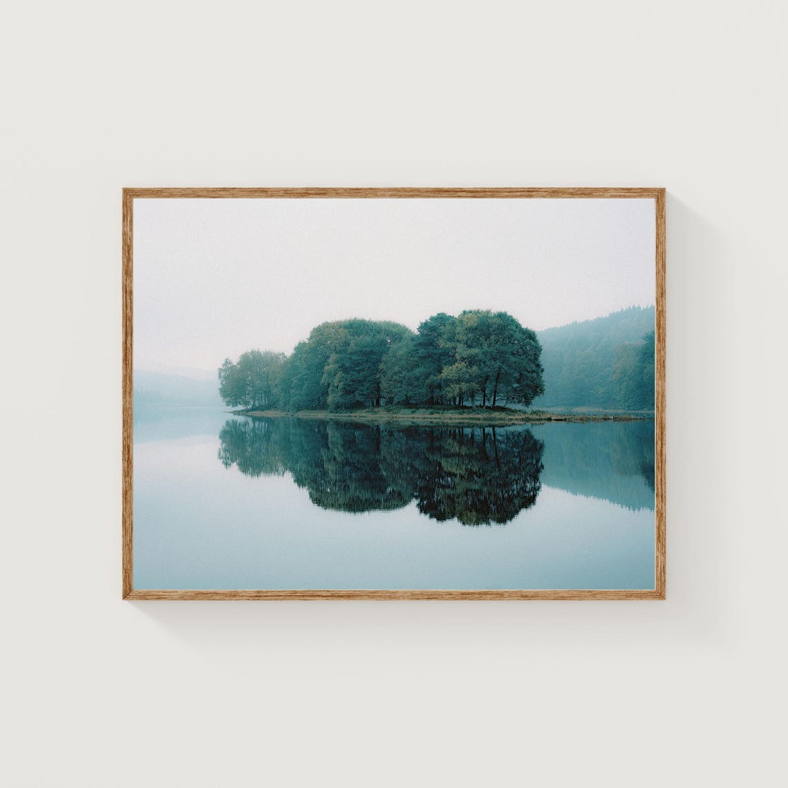 Serene Misty Lake Island Mirror Reflection Nature Landscape Poster