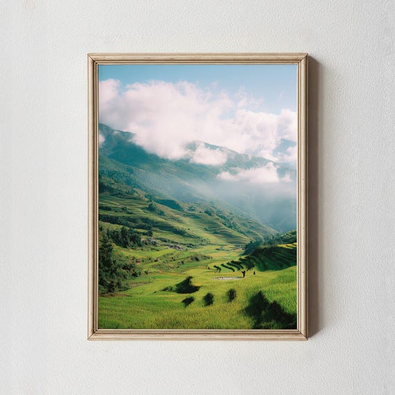 Rice Terrace Print Asian Landscape Green Mountain Valley Decor