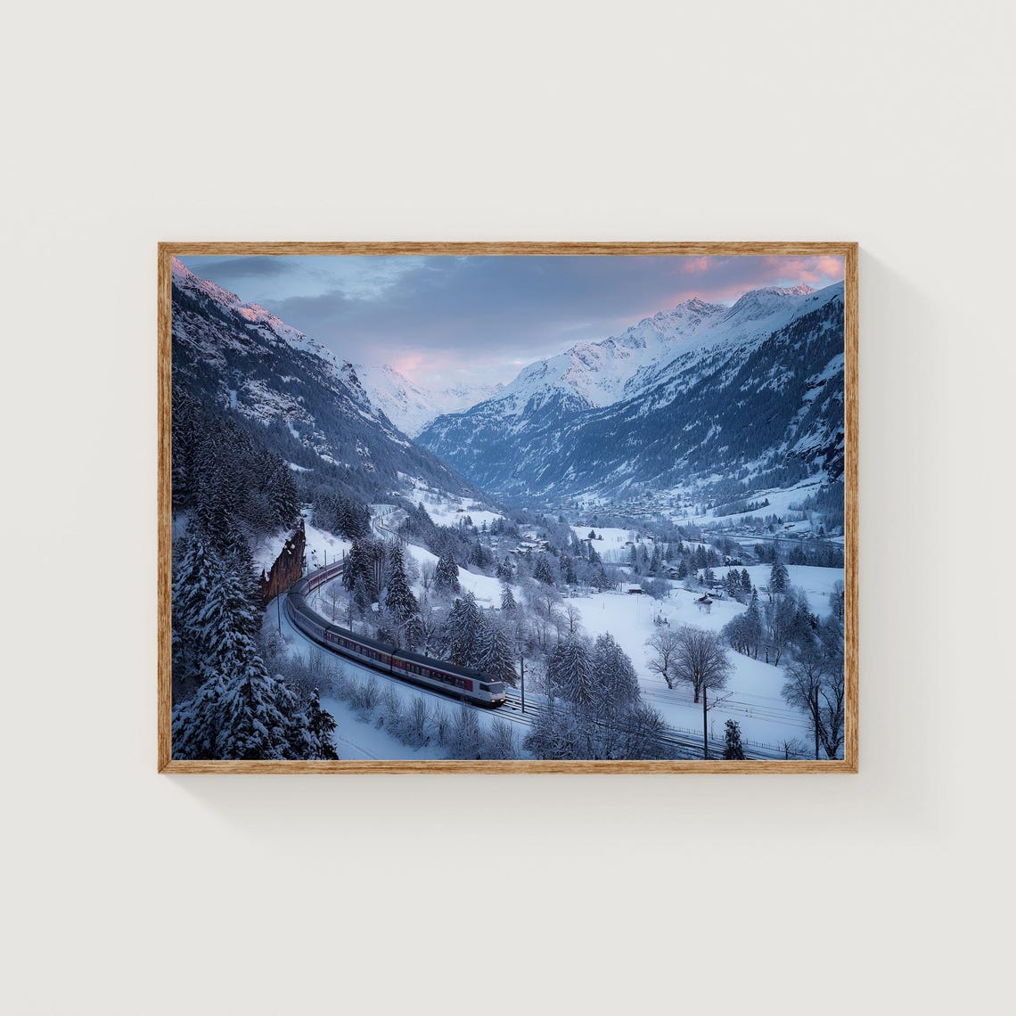 Swiss Alps Winter Train Snowy Valley Railway Landscape Poster
